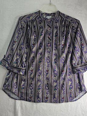 Top Notch Women's Striped Floral Patterned Blouse Short Sleeve CrewCollar 46/26W